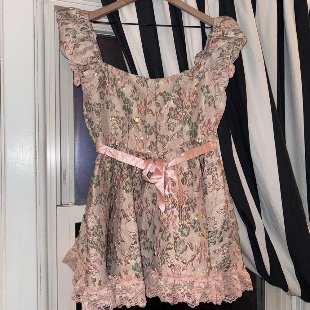 Sugar Thrillz Pink Floral Brocade Mini Dress with Puff Sleeves - Picture 2 of 3